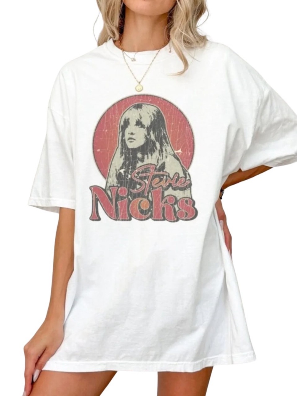 White Stevie Nicks Graphic Tee - Red & Cream Print